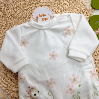 Macacão em Soft Girafinhas com Flores Rosas - Off White